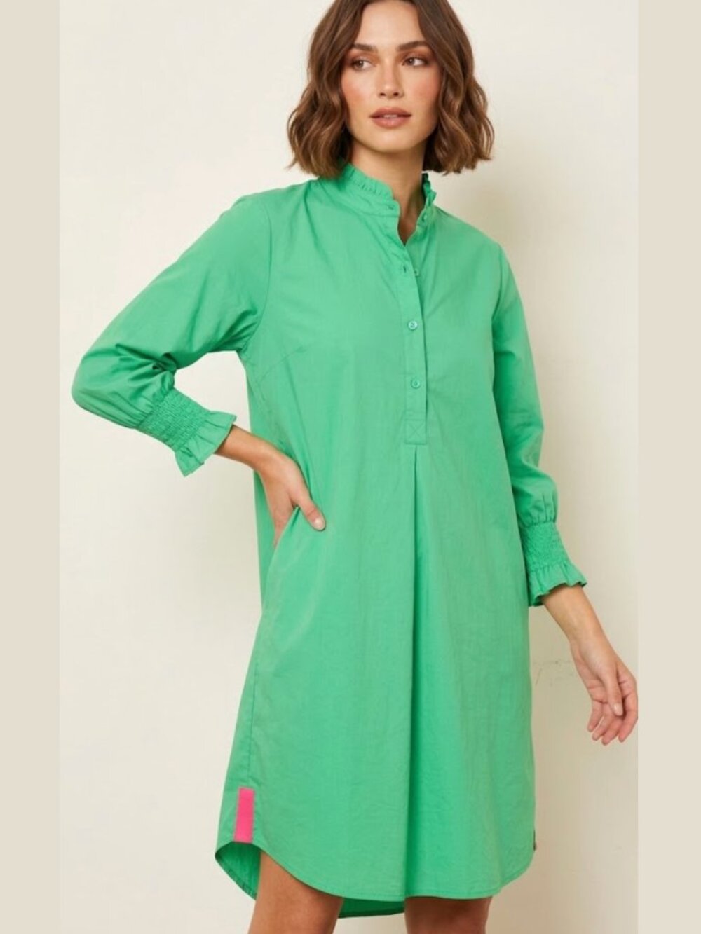 Caryn Lawn Bright Green Cotton Poplin Shift Dress Ruffle Collar Pink Trim